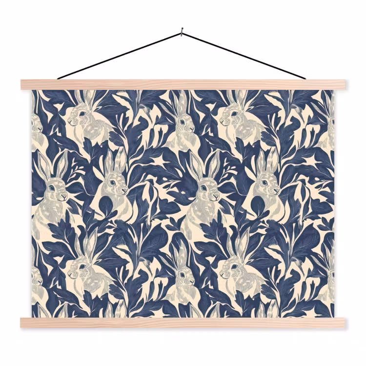 Hazen - Bladeren - Patroon - Blauw - Beige textielposter latten blank klein 122 -3d