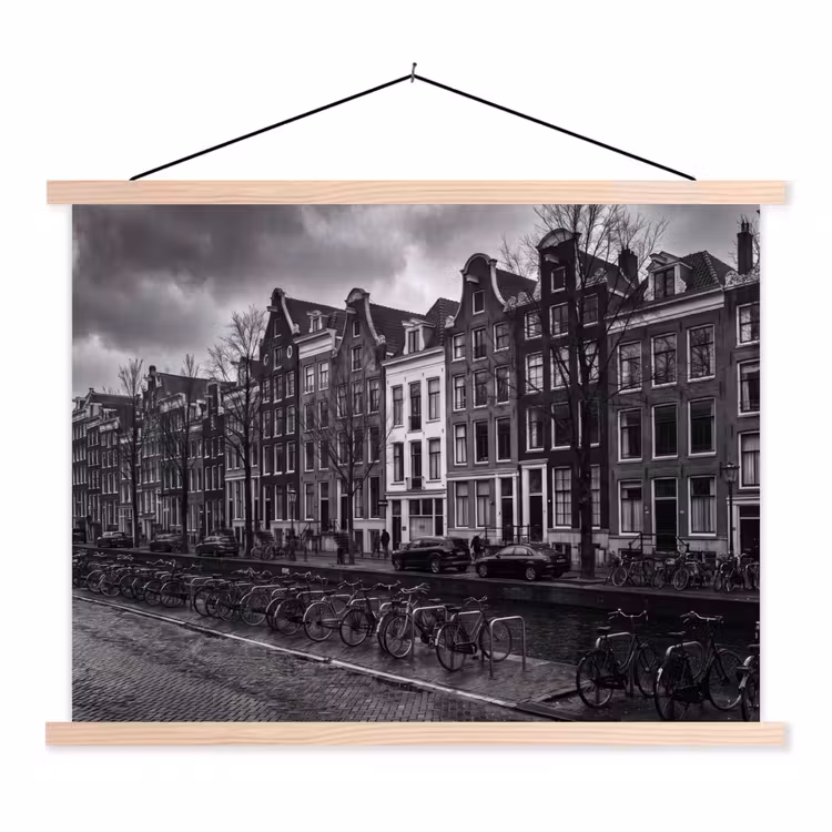 Huis - Gracht - Amsterdam - Architectuur - Zwart-wit textielposter latten blank klein -3d