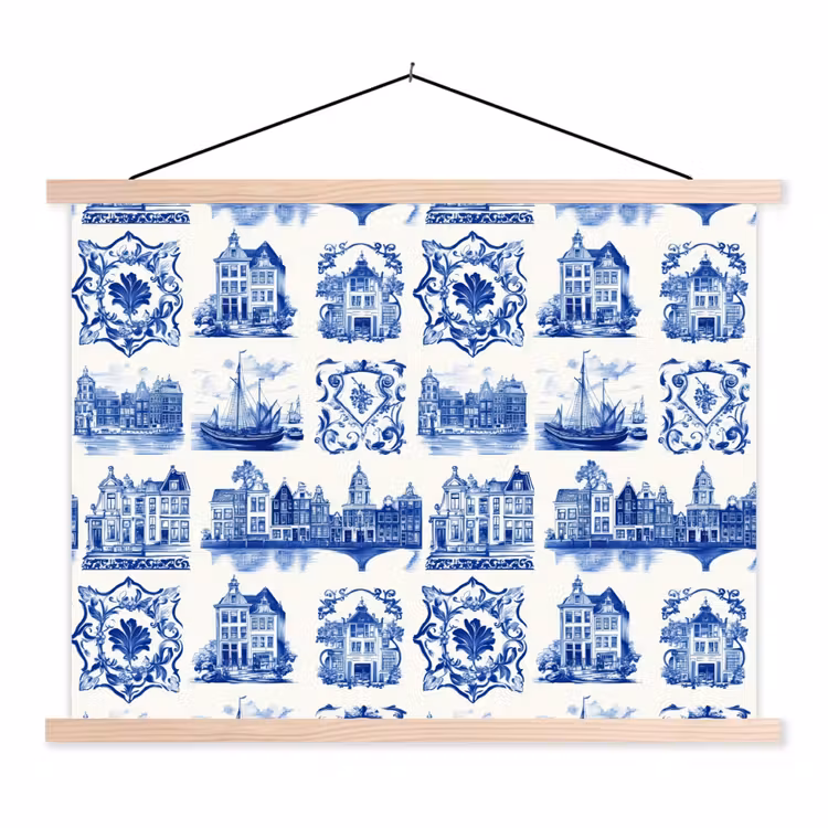 Huizen - Schepen - Blauw textielposter latten blank klein 122 -3d