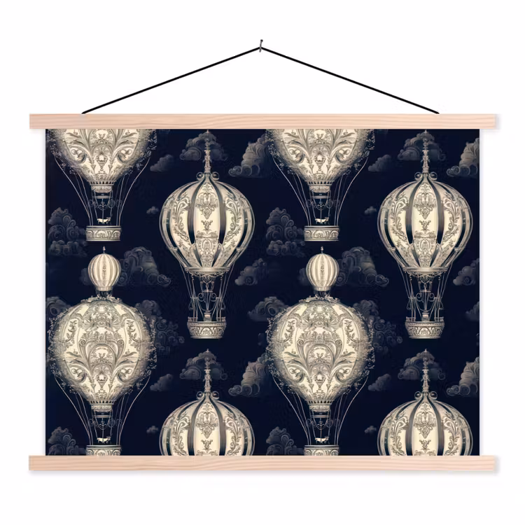 Luchtballonnen - Wolken - Patroon - Donkerblauw textielposter latten blank klein 122 -3d