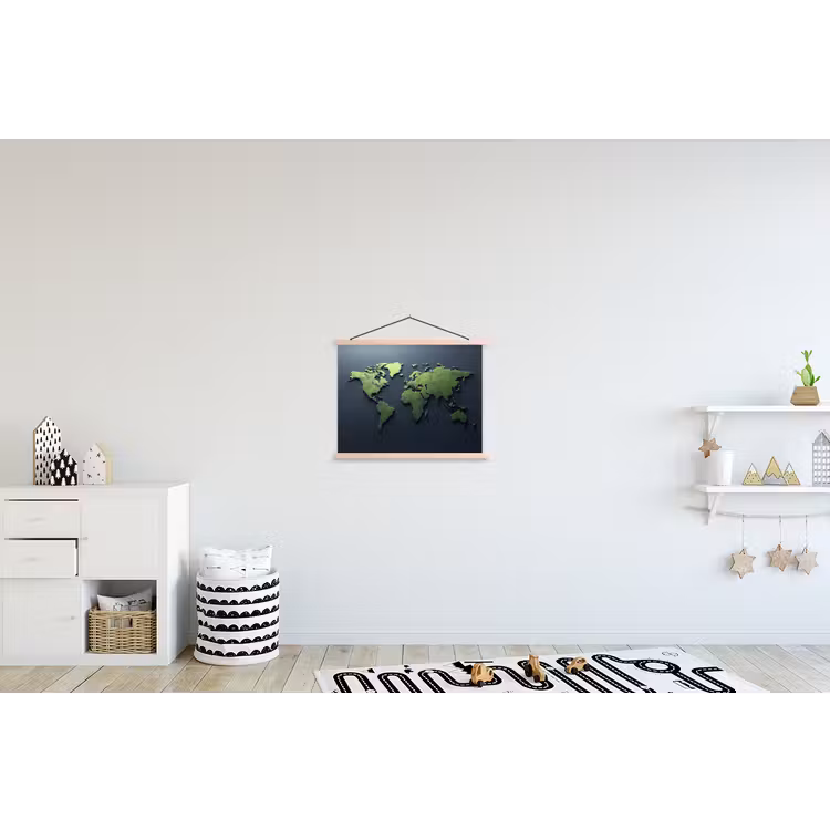 Lichtgroen - Blauw - Wereldkaart - 3D textielposter latten blank klein -kinderkamer