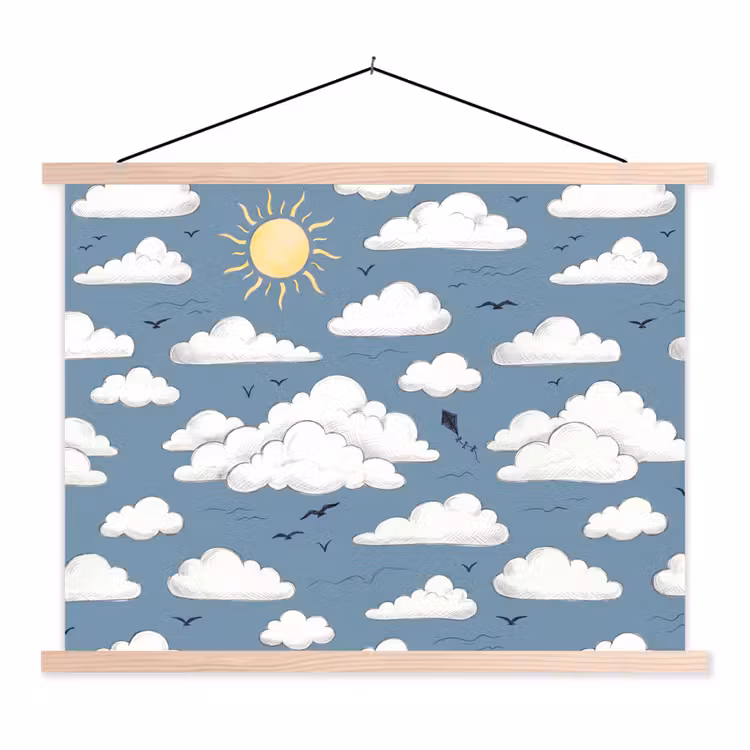 Lucht - Zon - Wolken - Natuur - Blauw textielposter latten blank klein -3d