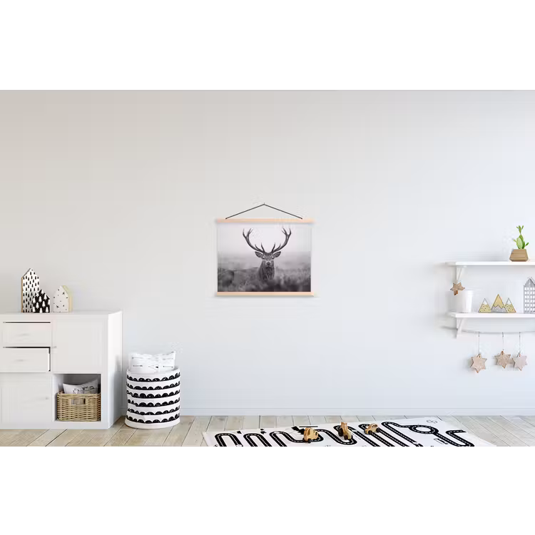 Hert - Mistig - Zwart - Wit textielposter latten blank klein -kinderkamer