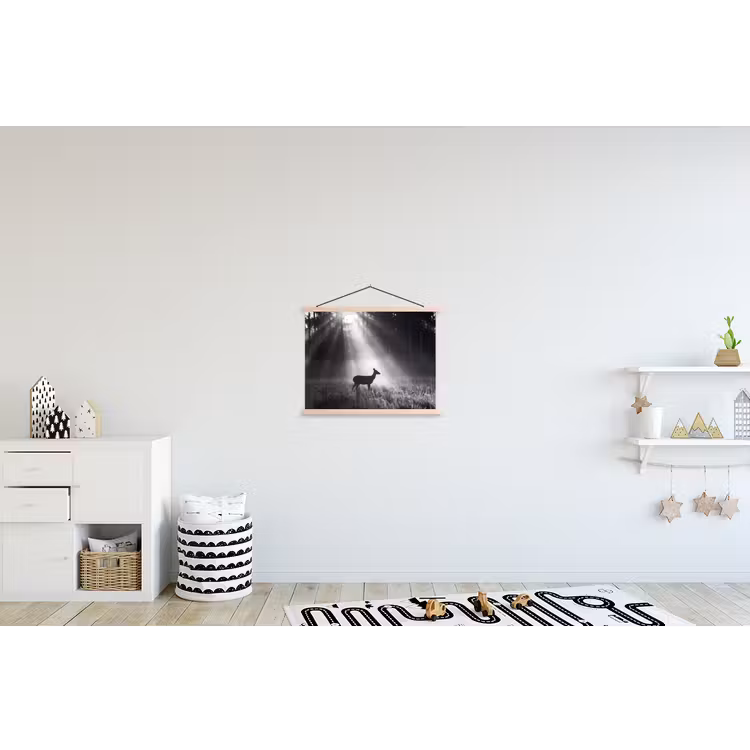 Hert - Bos - Zonnestralen - Zwart-wit - Natuur textielposter latten blank klein -kinderkamer