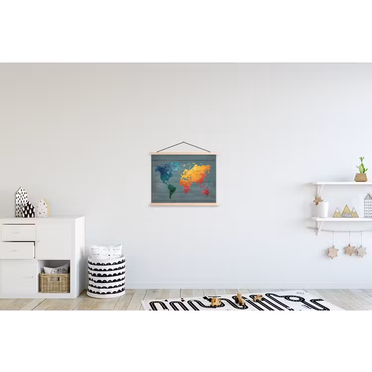Hout - Planken - Regenboog - Wereldkaart textielposter latten blank klein -kinderkamer