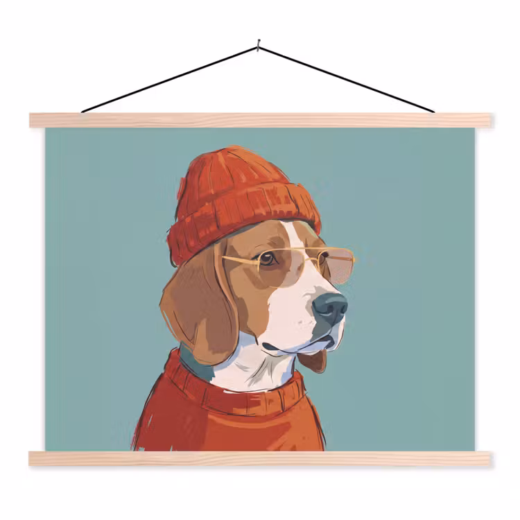Hond - Beanie - Zonnebril - Dieren - Modern textielposter latten blank klein -3d