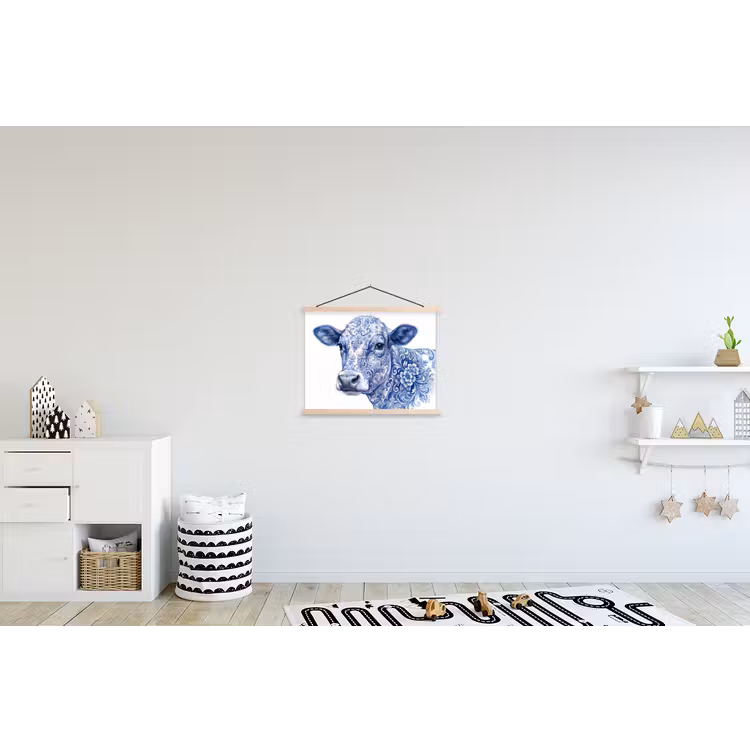 Illustratie - Koe - Blauw textielposter latten blank klein -kinderkamer