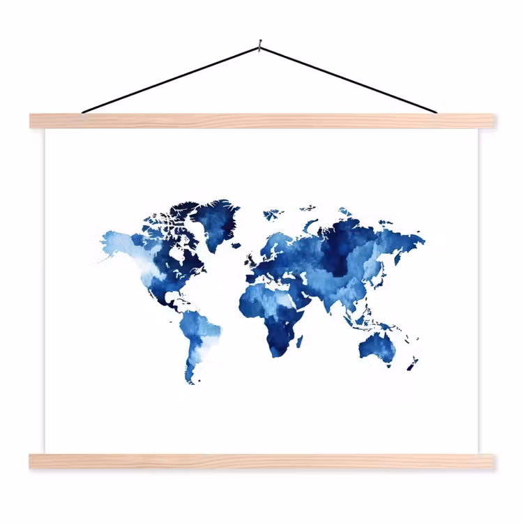 Indigo - Wereldkaart - Aquarel textielposter latten blank klein -3d
