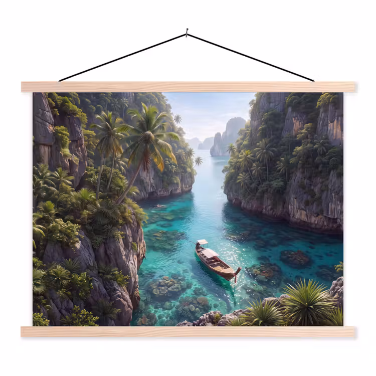 Eiland - Tropisch - Water - Palmbomen - Natuur textielposter latten blank klein -3d