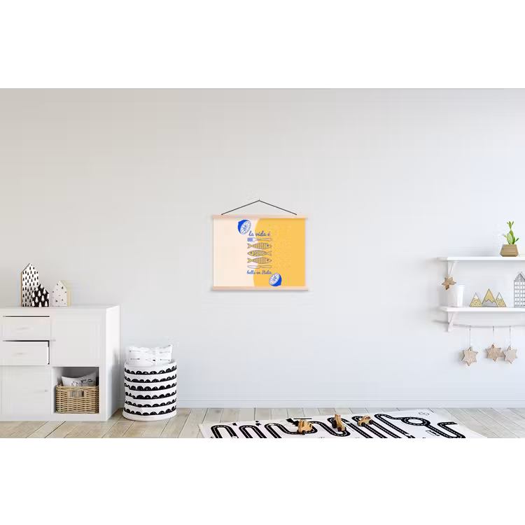 Italië - Eten - Citroen - Vis - Grafisch textielposter latten blank klein -kinderkamer