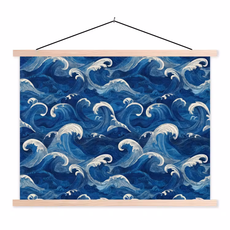 Japans - Oceaan - Golven - Blauw textielposter latten blank klein 122 -3d