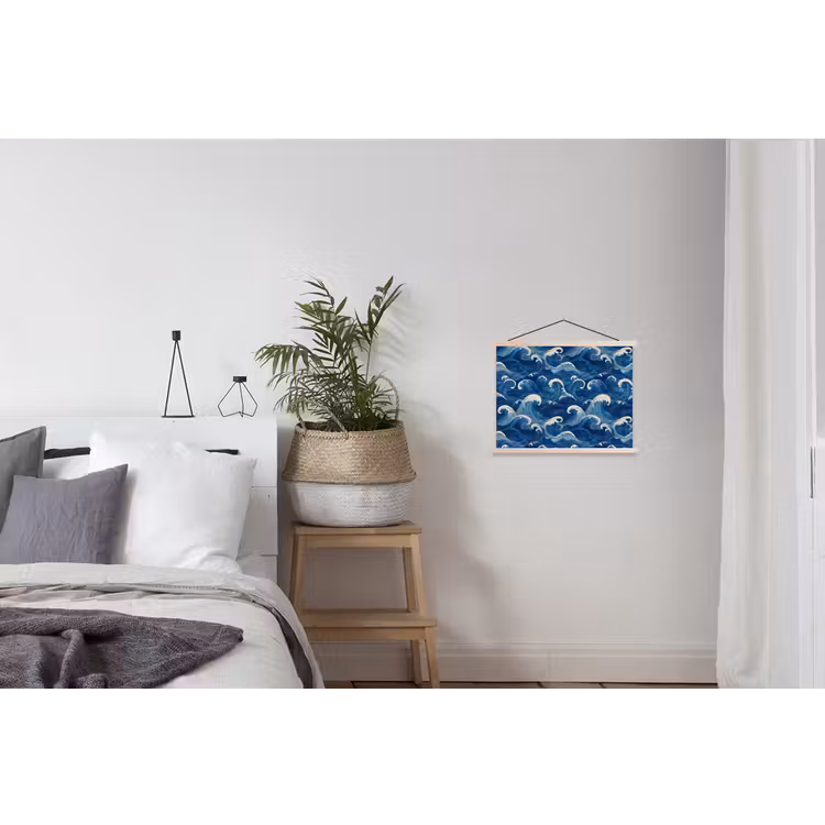 Japans - Oceaan - Golven - Blauw textielposter latten blank klein 122 -woonkamer