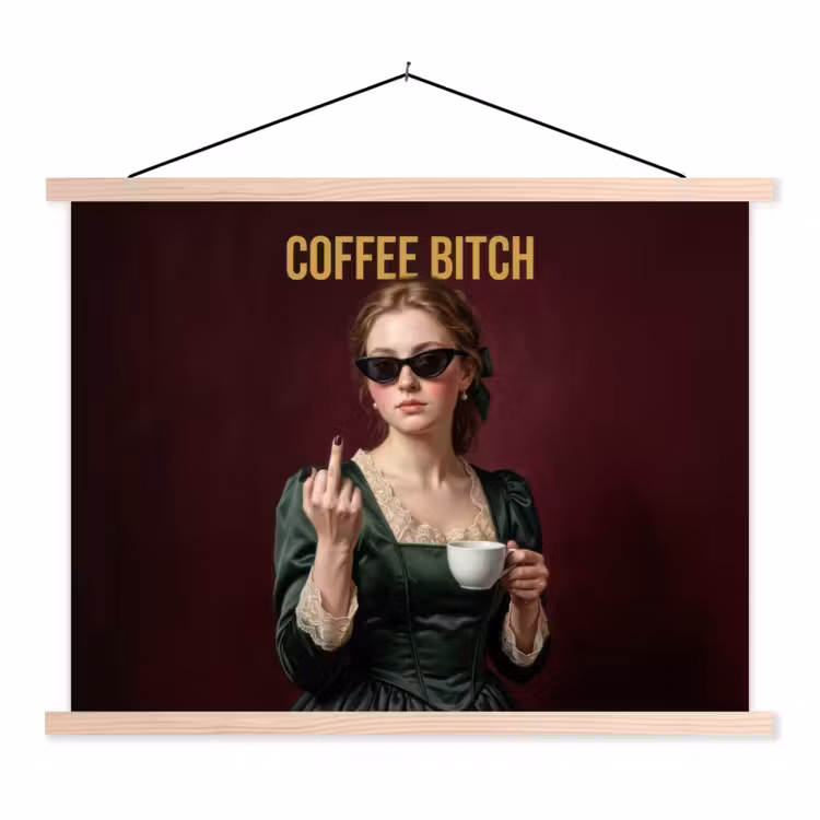Koffie - Vrouw - Middelvinger textielposter latten blank klein -3d