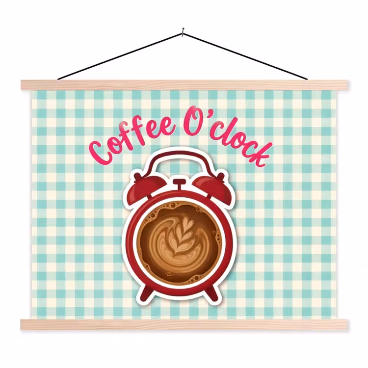 Koffie - Klok - Groen textielposter latten blank klein -3d
