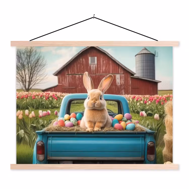 Konijn - Boerderij - Eieren textielposter latten blank klein -3d