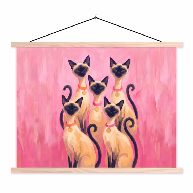 Kat - Groep - Dieren - Modern - Roze textielposter latten blank klein -3d