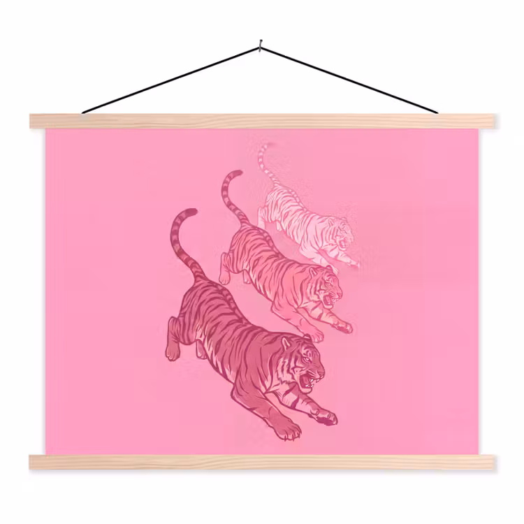 Kat - Springend - Dieren - Roze - Modern textielposter latten blank klein -3d
