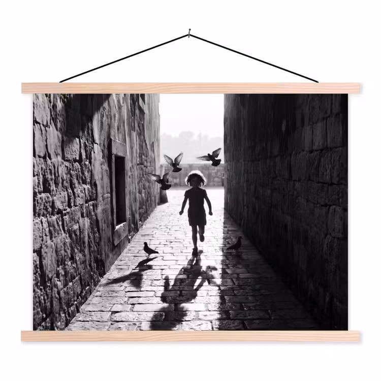 Kind - Vogel - Straat - Zwart-wit - Spelen textielposter latten blank klein -3d