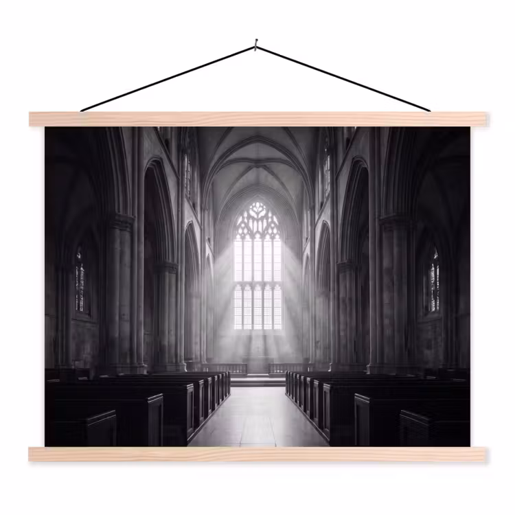 Kerk - Interieur - Lichtstralen - Architectuur - Klassiek textielposter latten blank klein -3d