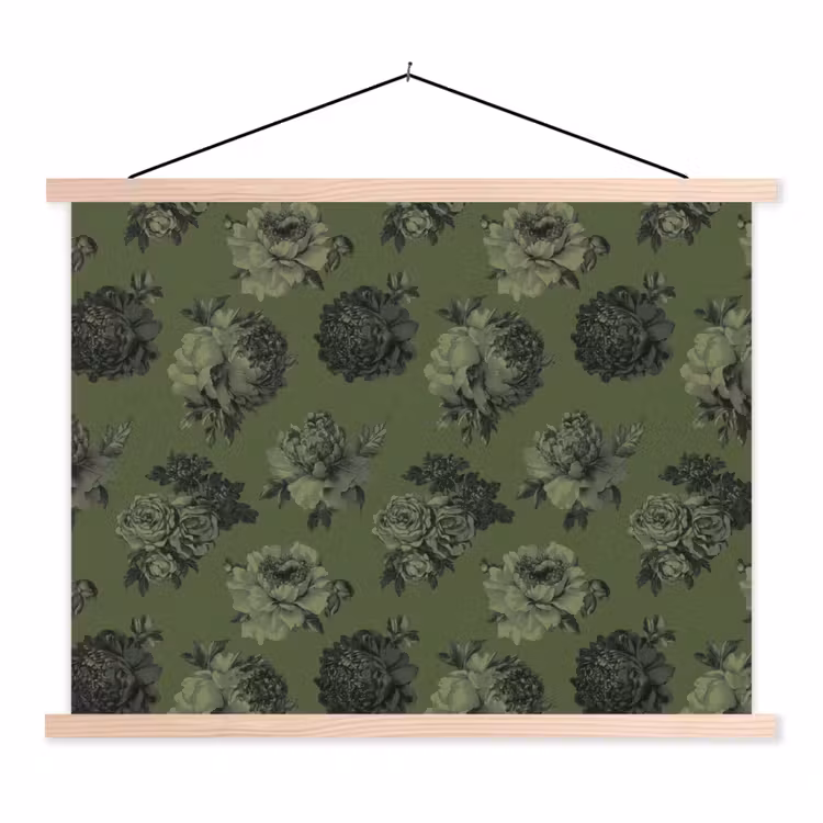 Klassiek - botanisch - olijfgroen - bloemen textielposter latten blank klein 122 -3d