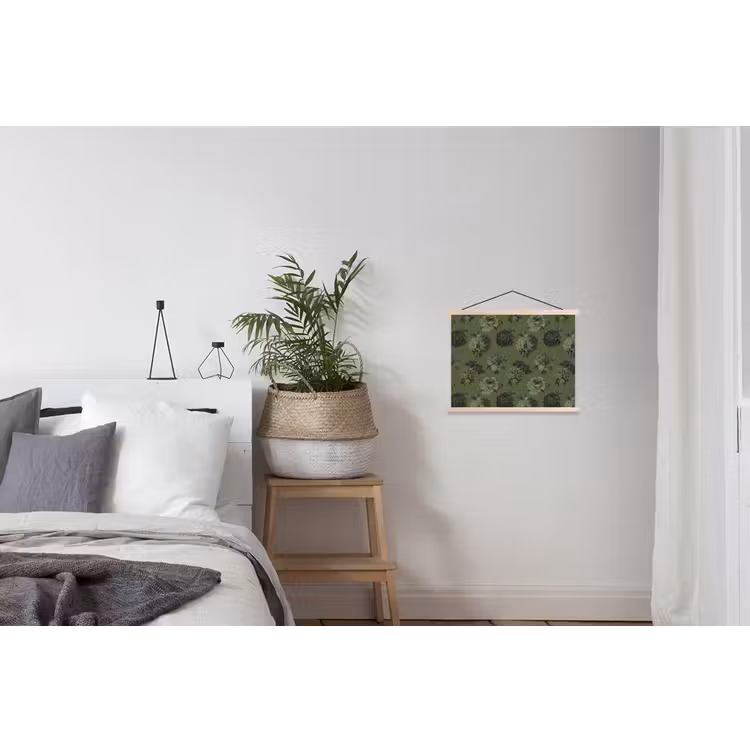 Klassiek - botanisch - olijfgroen - bloemen textielposter latten blank klein 122 -woonkamer