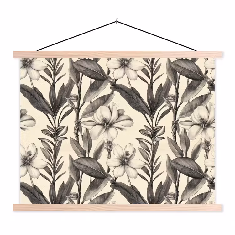 Klassiek - Botanisch - Zwart - Beige textielposter latten blank klein 122 -3d