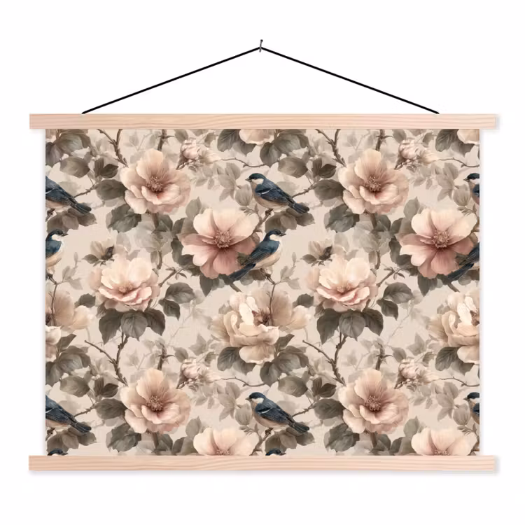 Klassiek - Vogels - Kleurrijk textielposter latten blank klein 122 -3d