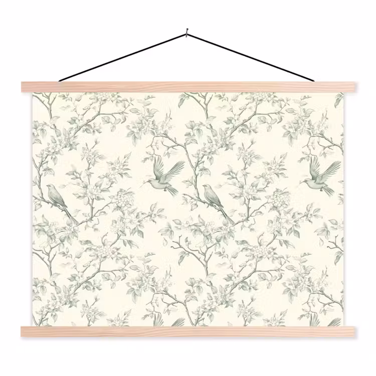 Klassiek - Vogels - Groen textielposter latten blank klein 122 -3d