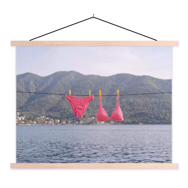 Kleding - Badkleding - Waslijn - Zomer - Roze textielposter latten blank klein -3d