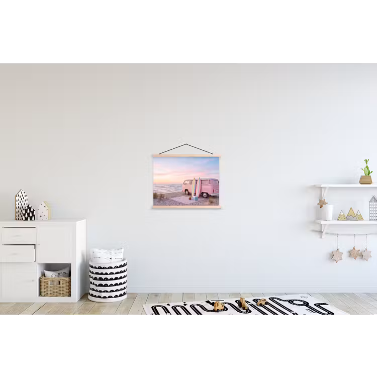Busje - Strand - Surfplank - Zomer - Roze textielposter latten blank klein -kinderkamer