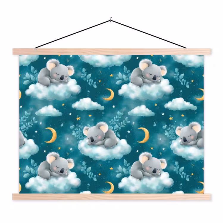 Koala's - Betoverend - Blauw textielposter latten blank klein 122 -3d