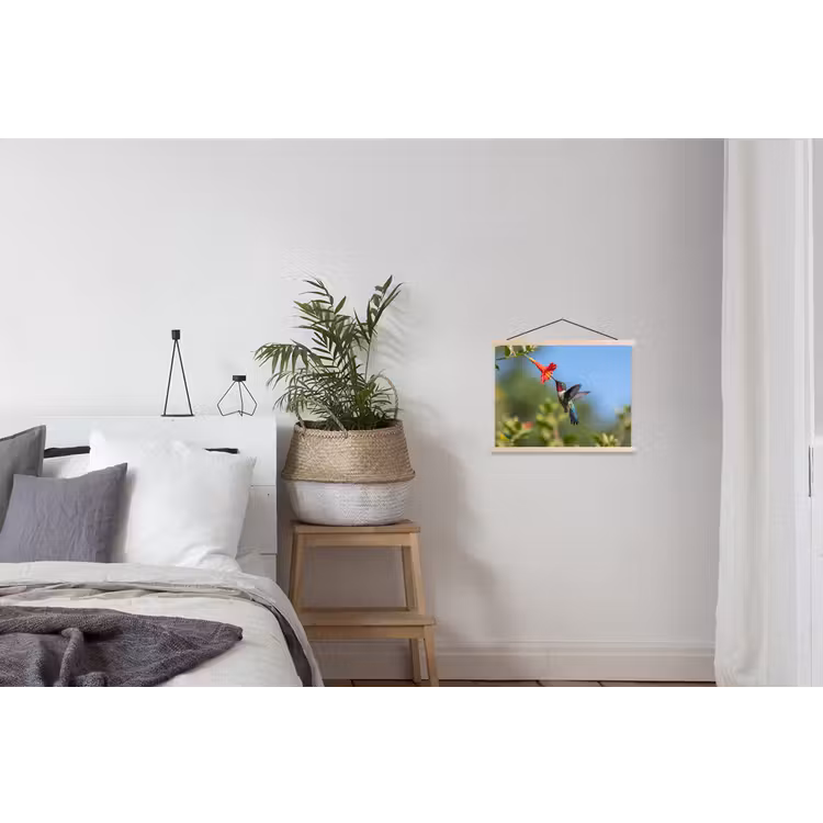 Kolibrie - Bloem - Natuur - Groen textielposter latten blank klein -woonkamer
