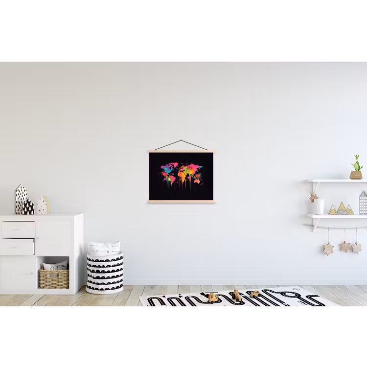 Continenten - Verf - Druipers - Kleurrijk textielposter latten blank klein -kinderkamer