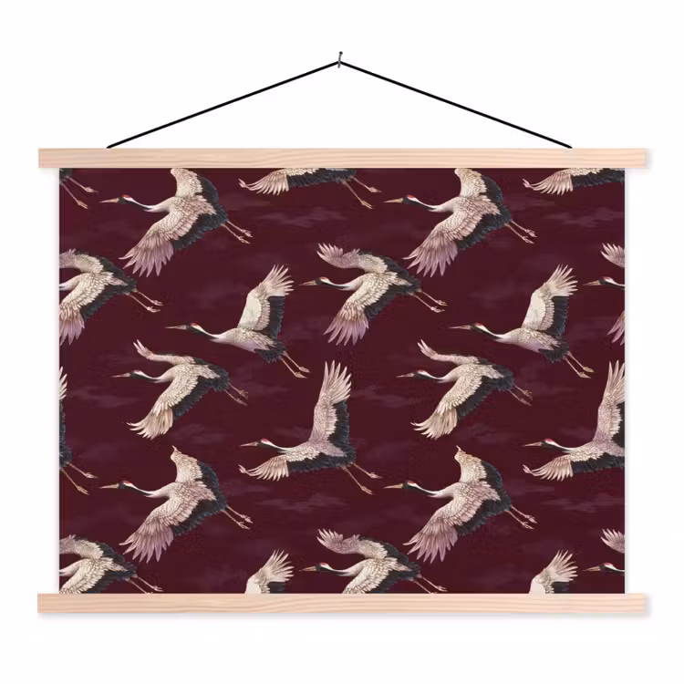 Kraanvogels - Klassiek - Bordeaux textielposter latten blank klein 122 -3d