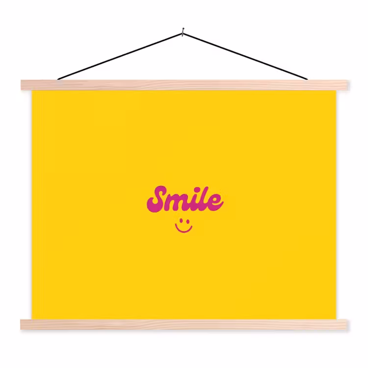 Smile - Geel - Roze textielposter latten blank klein -3d