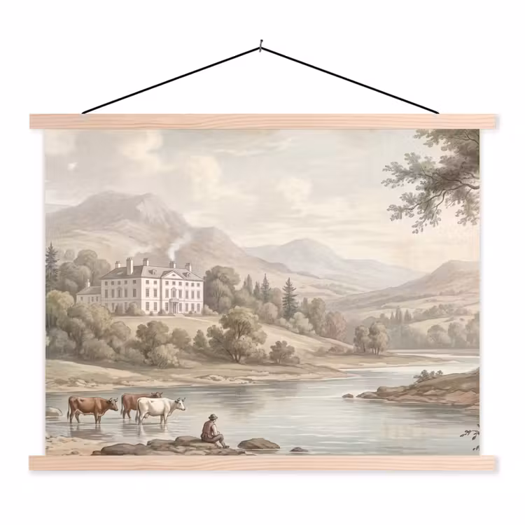 Landhuis - Rivier - Vee textielposter latten blank klein -3d