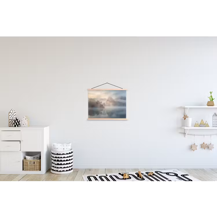 Landschap - Bergen - Mist - Water - Natuur textielposter latten blank klein -kinderkamer