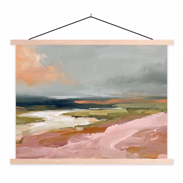 Landschap - Rivier - Abstract - Roze - Groen textielposter latten blank klein -3d