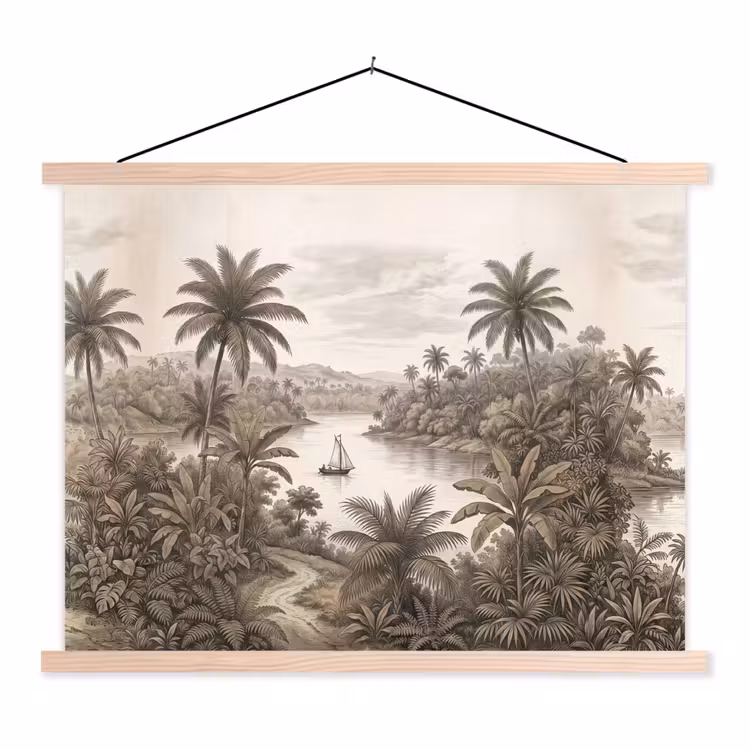 Landschap - Rivier - Boot - Tropisch - Vintage textielposter latten blank klein -3d