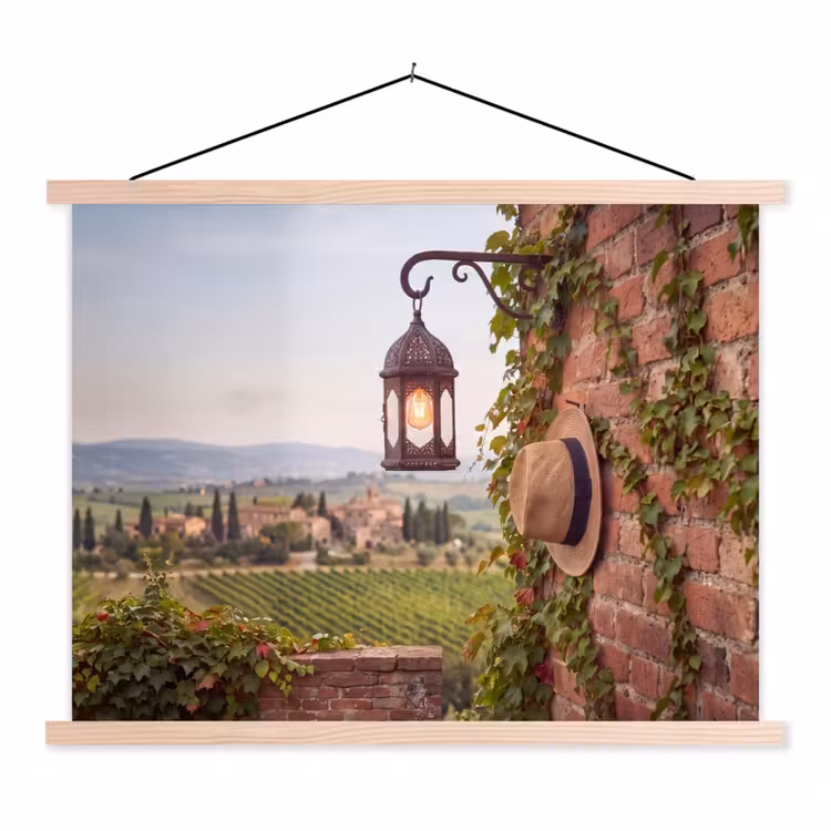 Lantaarn - Wijngaard - Landschap - Italiaans textielposter latten blank klein -3d