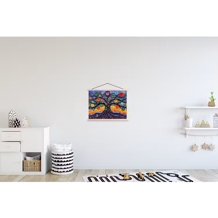 Levensboom - Mozaïek - Bloemen - Kleurrijk - Vrolijk textielposter latten blank klein -kinderkamer
