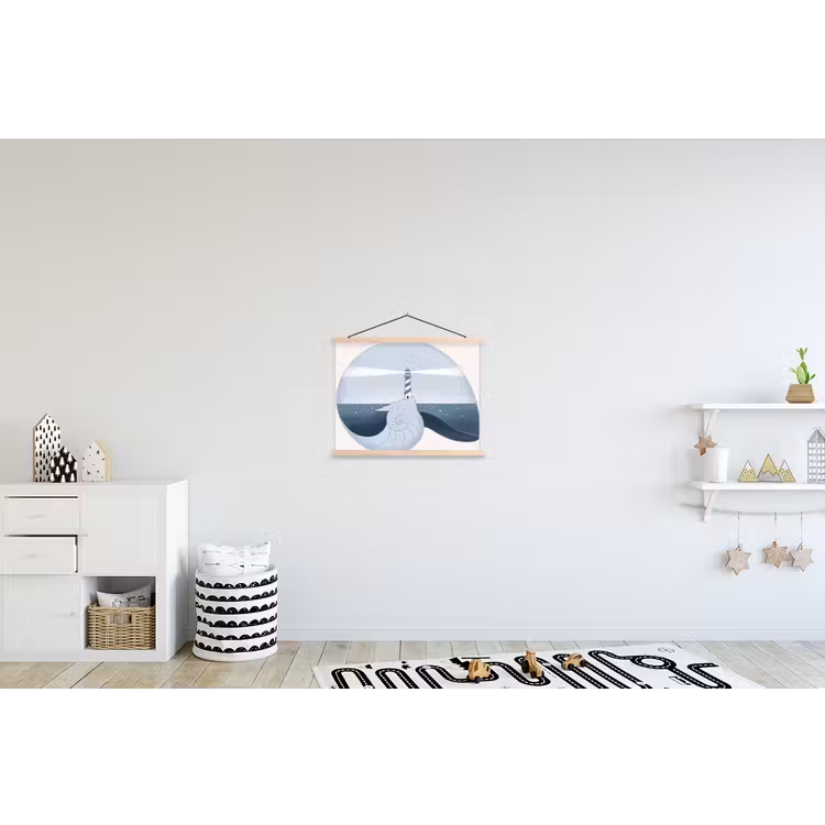 Vuurtoren - Zee - Schelp - Abstract - Blauw textielposter latten blank klein -kinderkamer
