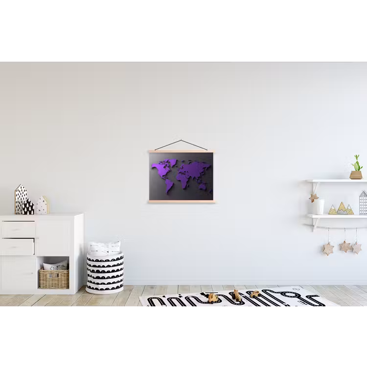 Paars - Wereldkaart - Grijs - Donker textielposter latten blank klein -kinderkamer