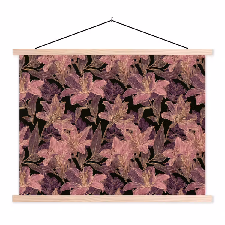 Lelies - Patroon - Paars - Goud textielposter latten blank klein 122 -3d