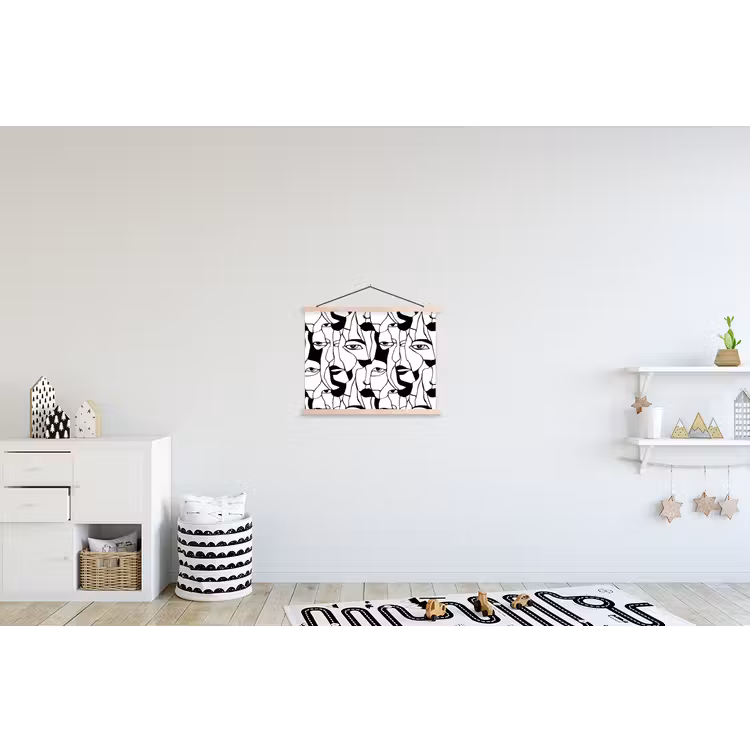 Lijnen - Gezichten - Zwart - Wit textielposter latten blank klein 122 -kinderkamer