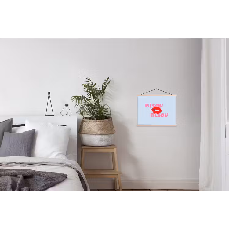 Lippen - Bisou - Blauw textielposter latten blank klein -woonkamer