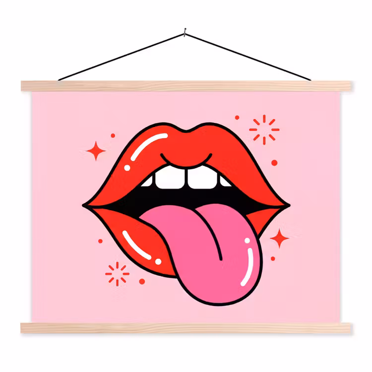 Lippen - Tong - Pop-art - Kleurrijk - Roze textielposter latten blank klein -3d