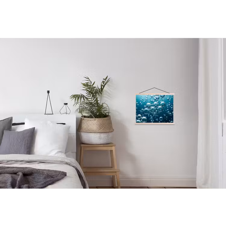 Luchtbellen - Dynamisch - Blauw textielposter latten blank klein -woonkamer
