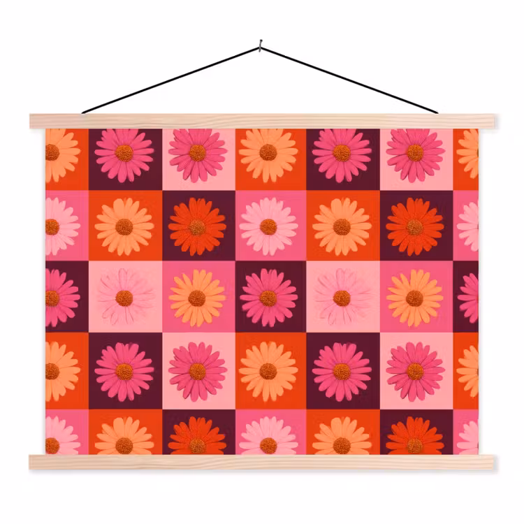 Madeliefjes - Dambord - Retro - Roze - Oranje textielposter latten blank klein 122 -3d