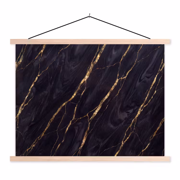 Marmer - Gouden aders - Abstract - Zwart textielposter latten blank klein -3d
